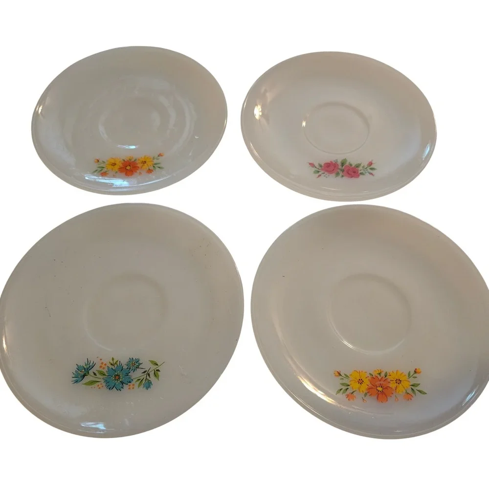 Vintage Anchor Hocking Fire King Milk Glass Floral Saucers Set of 4 Mixed Flower